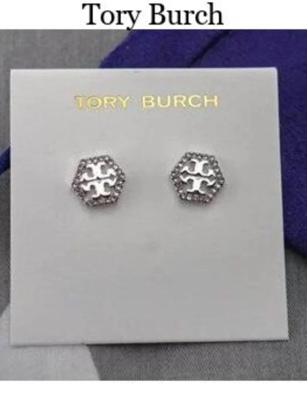 Tory Burch Hex Pavé Stud in Silver Earrings
